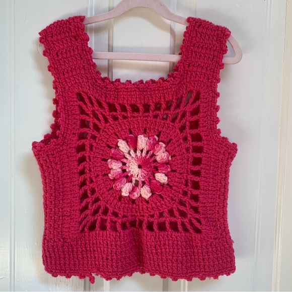 BARBIECORE PINK VINTAGE HIPPIE GRANNY SQUARE HAND CROCHET CROP-TOP TANKTOP XS - Picture 3 of 4